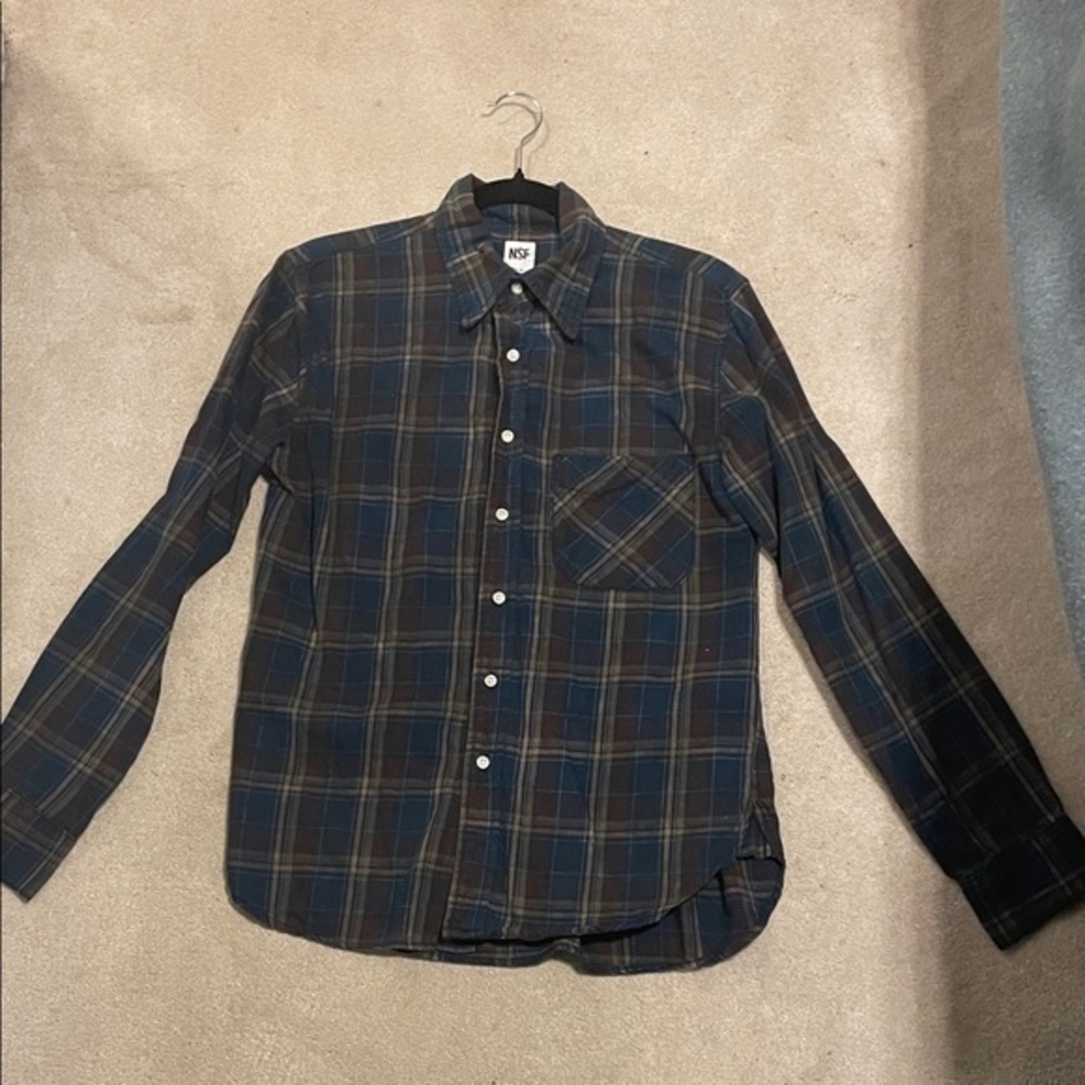 Like NEW NSF Navy and Brown Plaid Casual Shirt